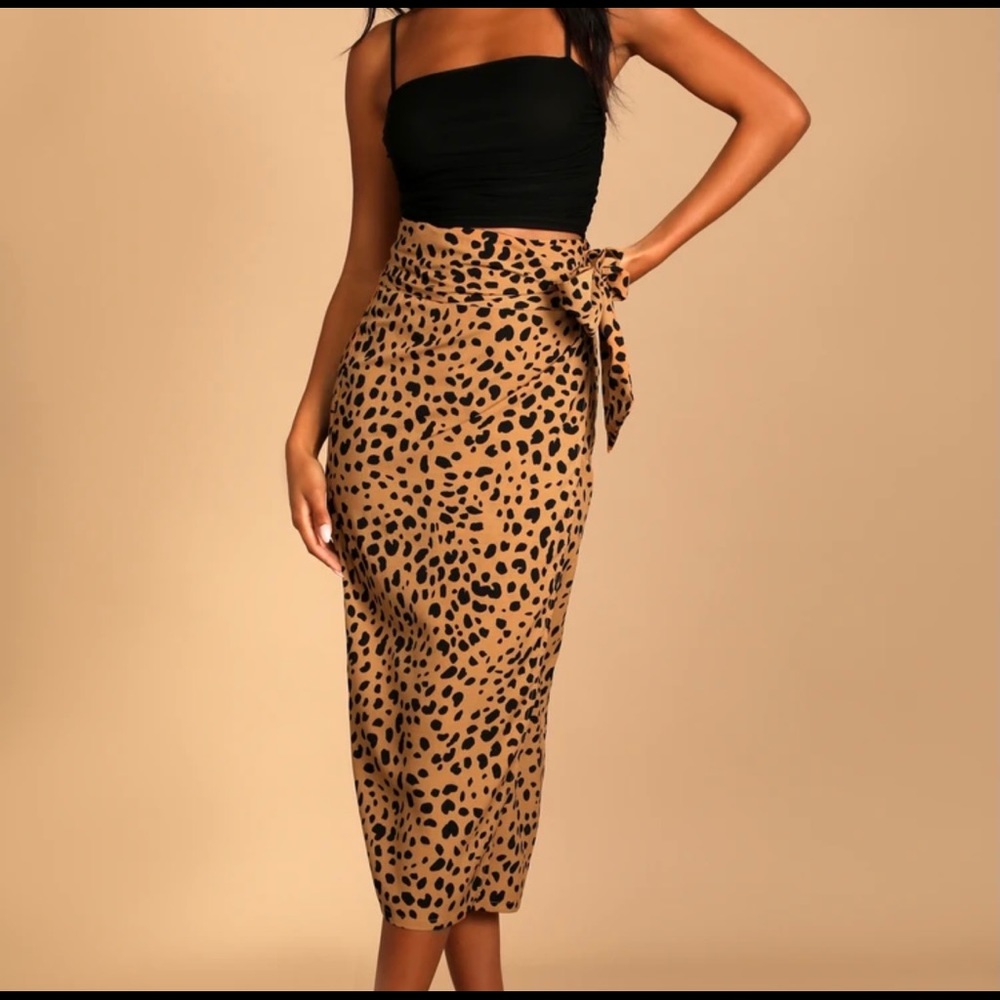 Lulu’s Statement Maker Tan Animal Print Midi Wrap Skirt